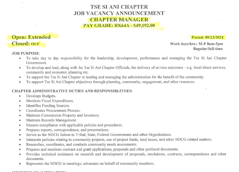 Tse Si Ani Chapter Manager Vacancy